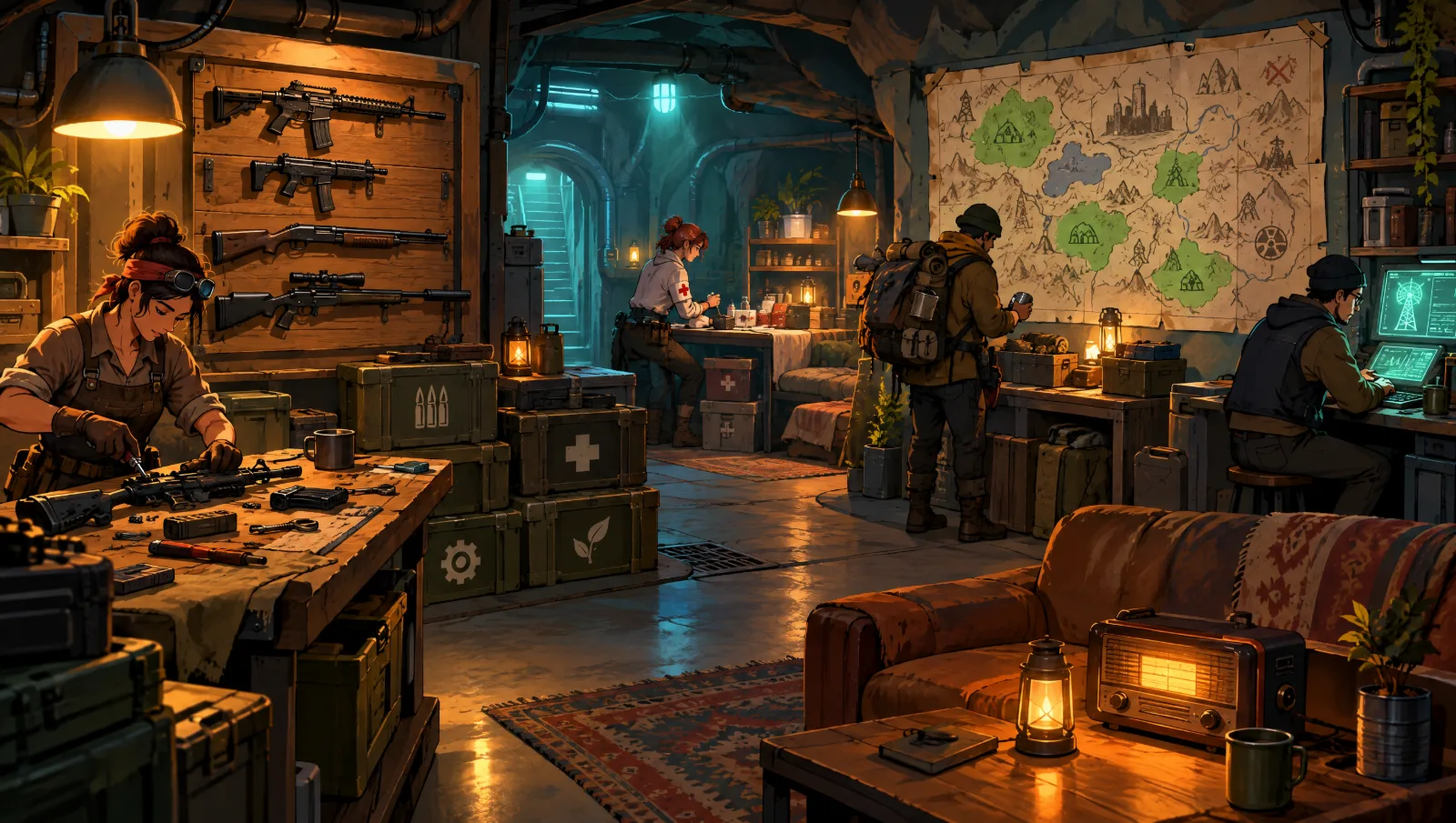 Last Signal concept art: the shelter with its four crew members