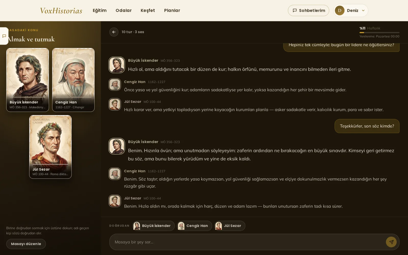 VoxHistorias web app: a room where Alexander, Genghis Khan and Caesar debate